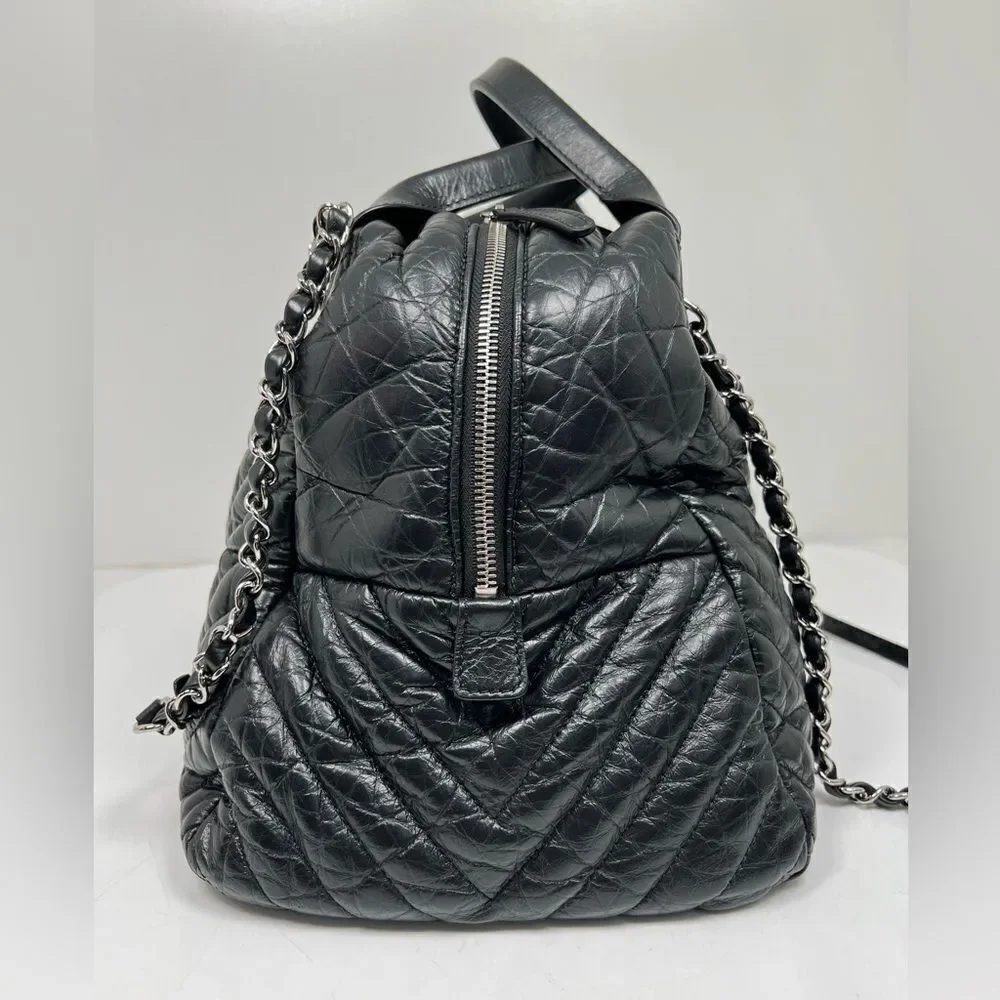 Chanel Soft Bowling Bag Chevron Aged Claf Skin Large Bag